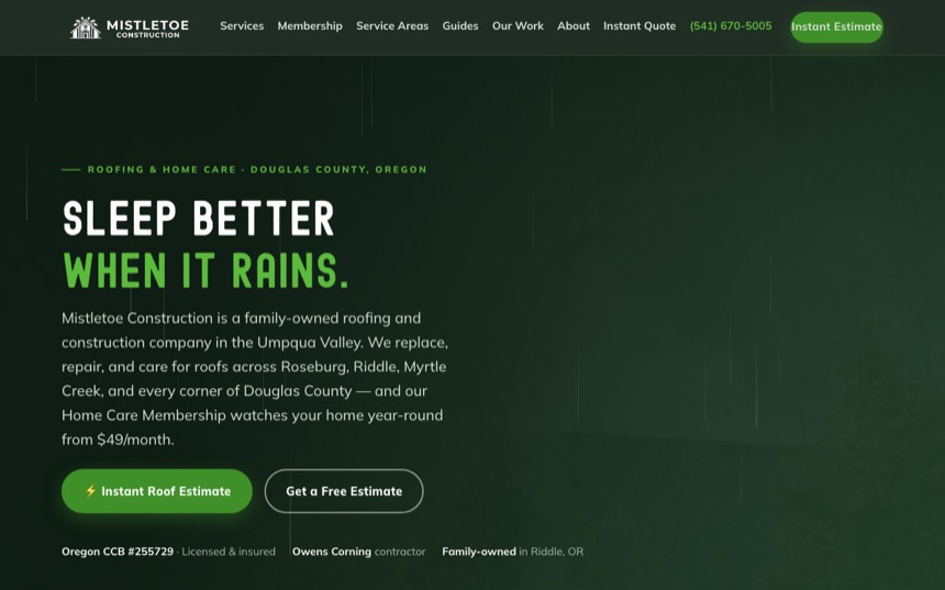 mistletoeconstruction.com — Mistletoe Construction roofing site homepage
